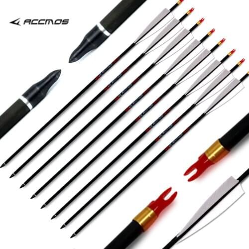 6/12pcs Real Feather Spine ID 6.2mm 300 340 400 500 600 700 800 with 5 Inches White Turkey Feather Carbon Arrow for Shooting