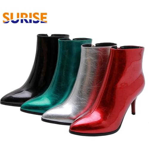 Big Size Women Ankle Boots Silver Red Patent Leather High Spike Heels Pointed Toe Party Office Ladies Elegant Zipper Short Boots