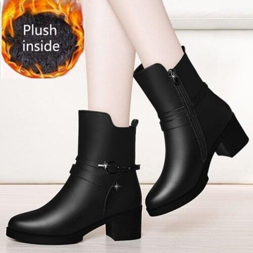 High Quality Soft Leather Autumn and Winter Short Boots Womens Shoes Thick Heel Boots High Heel Plus Cashmere Cotton Boots