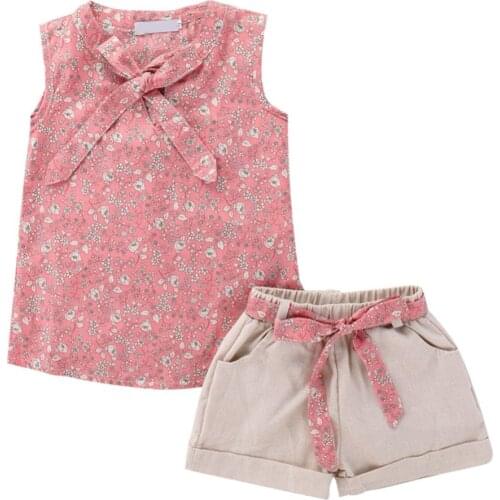 2021 Ins Style Summer Girls Kids Girl Floral Bowknot Sleeveless Top + Shorts Pants Casual Sets Childrens Girls 1-6T New