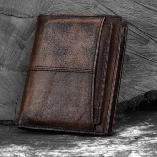 Men Genuine Tanned Leather Short Purse Small Clutch Money Bag Coin Pocket ID Card Holder Clip Natural Skin Male Bifold Wallet
