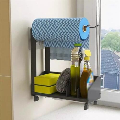 Kitchen Storage Shelves Kitchen Items Organization Drain Rack with Removeable Tray Sponge Rag Towel Roll Paper Hanger Holder