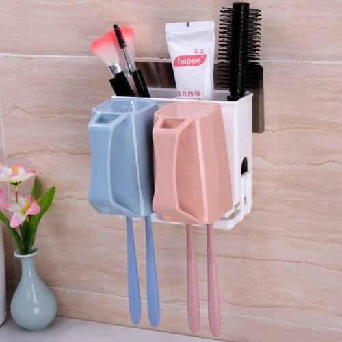 Multi-function Wall mounted magic no trace paste double cup toothbrush rack wash suit toothbrush holder 14*9*13cm