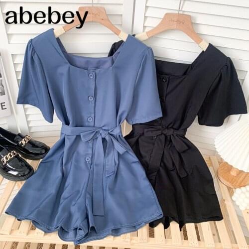 Fashion Square Neck short sleeve Rompers high waist lace up waist single breasted casual wide leg Rompers 2021 New Summer