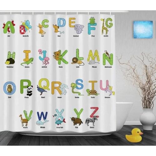 Cartoon Animals Alphabet Letters Kids Shower Cutains Cute Children Bathroom Curtains Polyester Waterproof Fabric With Hooks