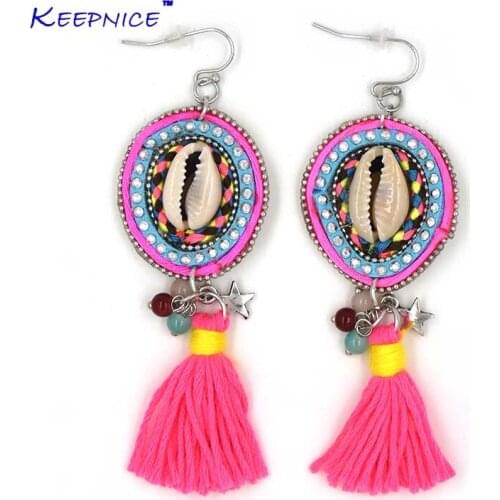 2017 new handmade Ethnic dangle earrings pink tassel cowrie shell pendants earrings for summer women