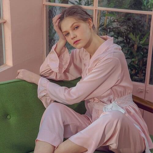 New Women Autumn Long Sleeve Casual Pajamas Set Solid Palace Style Home Clothes Two Piece Suit Silk Satin Lounge Sleepwear