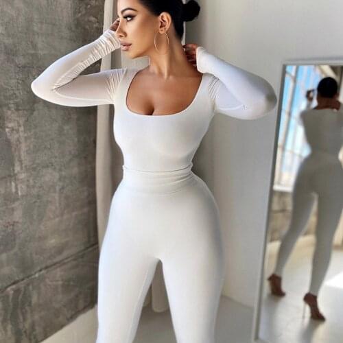 2021 Autumn Women Two Piece Set Bodysuit And Long Pants Sportsuit Skinny Solid Color Fitness Long Romper Women Jumpsuit Outfit