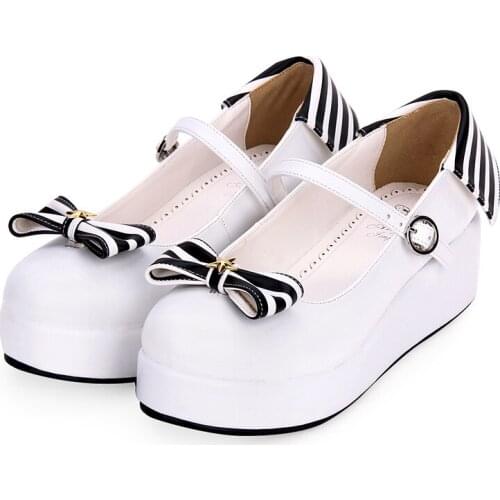 Japanese Navy Blue and White Sailor Lolita Platform Shoes Red Bow PU Leather Round Toe Mary Jane Shoes