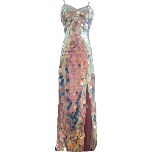 Sexy spaghetti strap dress women shiny sequins V neck summer beach long dresses split vestido largo de tirantes