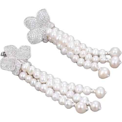 GG Jewelry 2.5'' 4-5MM White Pearl CZ Earrings