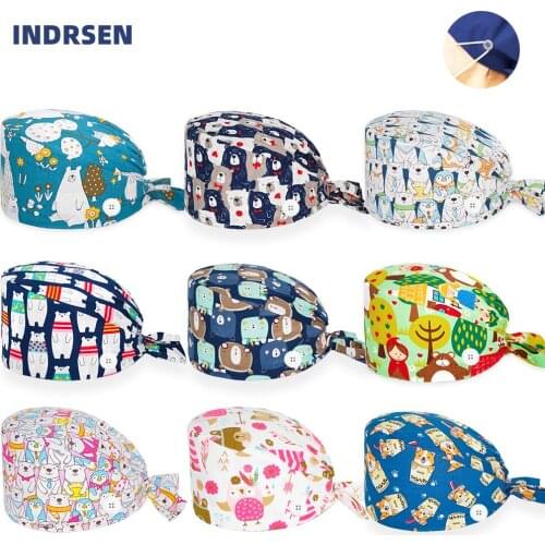 Clearance Scrub Cap Adjustable 100% Cotton Anime Bear Printing Nursing Hat Beauty Salon Pet Shop Working Accessories Scrubs Caps