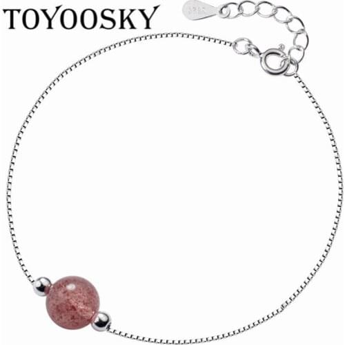 TOYOOSKY Romantic Design Simple 8mm Bead Strawberry Crystal Bracelets for Women Gifts 925 Sterling Silver Contracted Jewelry