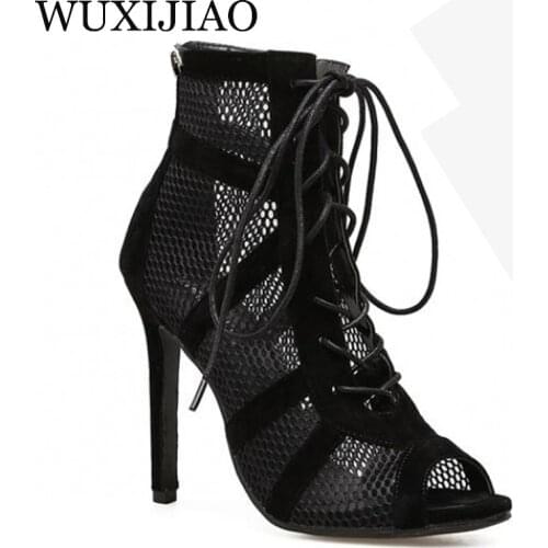 WUXIJIAO Ladies black mesh suede fashion cross strap sexy high heel sandals comfortable latin dance shoes salsa shoes