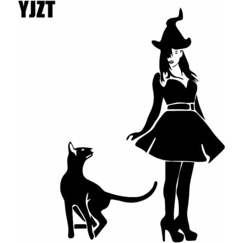YJZT 12.8X18.3CM Vinyl Decal Witch Cat Pet Animal Halloween Witchcraft Funny Car Sticker Black/Silver C24-1733