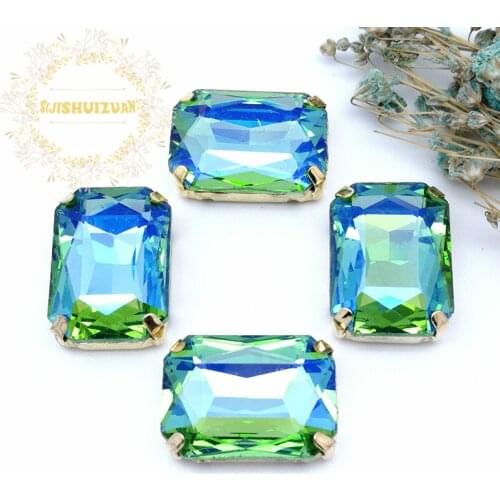 Green AB color Rectangular Crystal Glass Sewing Rhinestones with gold Claw Rhinestones for Diy wedding Dress and Bags