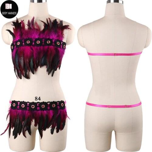 Women Exotic Apparel Feather Bondage Harness Set Goth Rave Body Harness Fetish Crop Top Cage Bra Pole Dance Sexy Lingerie