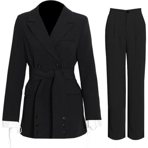 Black Khaki Blazer PantsSuit Women 2021 New Work Office Double Breasted Slim Belt Jacket Trousers Straight Pants Two Pcs Set