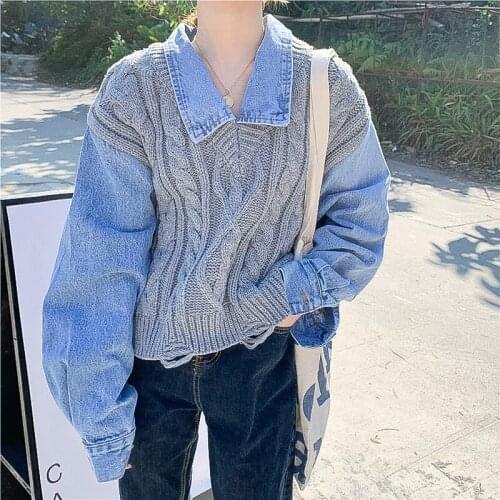 2021 spring new Japanese college style fake two-piece denim stitching loose Polo collar long-sleeved sweater jacket women