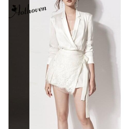 2 Piece Set Spring Vintage Women White Full Sleeve V Neck Shirt Top and Mini Lace Patchwork Skirt Office Two Piece Set Vestidos