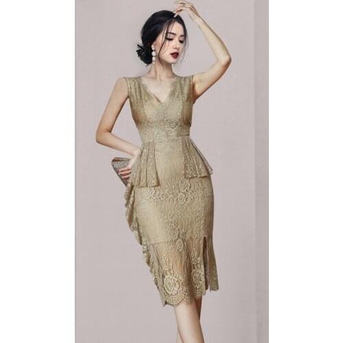 High Waist Tight Office Dress 2021 Summer Plain Sexy Ruffles Stitching Lace Elegant Party Dress Women