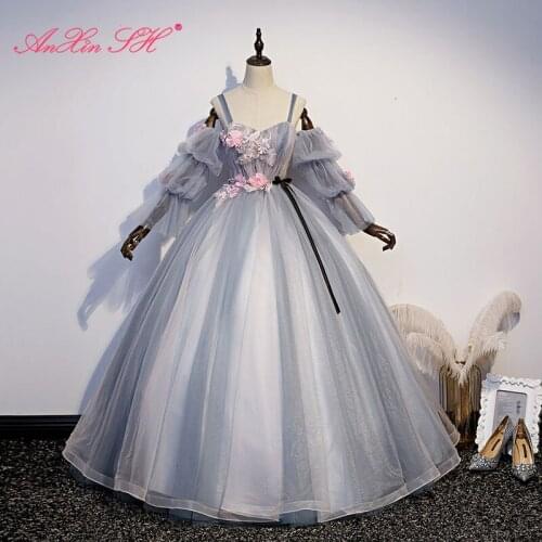 AnXin SH princess grey lace pink flower spaghetti strap evening dress vintage party black bow lantern sleeve evening dress