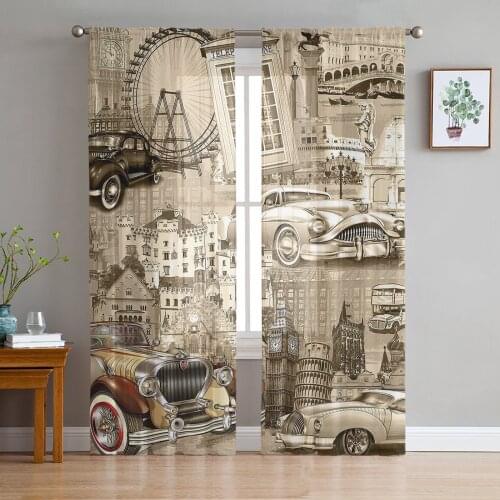 Car European Building Vintage Window Curtains Bedroom Modern Drape Sheer Tulle Valances Living Room Kitchen Voile Curtain