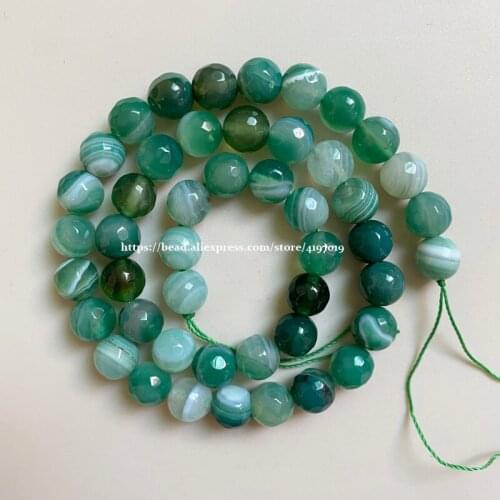 Free Shipping 15" Strand Natural Stone Faceted Green Stripe Agates Round Beads 4 6 8 10 12MM Pick Size For Jewelry Making