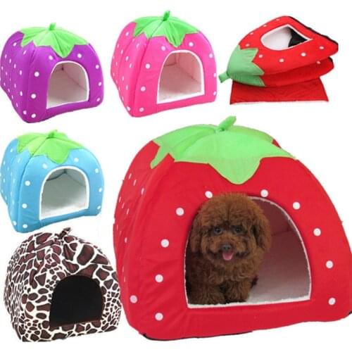Large Foldable Dog Kennel Winter Soft Warm Bed For Cats Animals House Creative Strawberry Tent Household Dogs Cage Pet Supplies