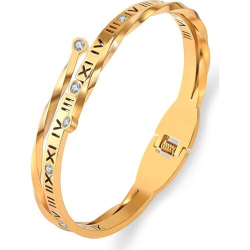 Fashion Roman Numeral Bracelet Stainless Steel Cross Zirconia Gold Bangle For Women Statement Jewelry Wedding Bijoux Lover Gift