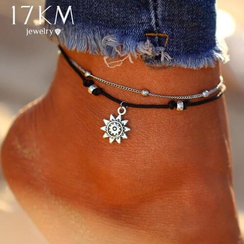 Vintage Boho Multi Layer Beads Anklets For Women Fashion Sun Pendent Anklet Cotton Handmade Chain Foot Party Jewelry Gift