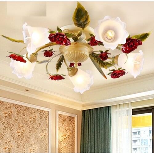 Flower Ceiling Lamp Red Mediterranean Creative Lights For Living Room Dining Room Girls Bedroom Wedding Glass Lampshade D116
