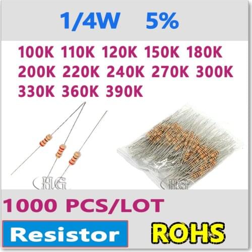 JASNPROSMA 1000PCS 5% 1/4W 100K 110K 120K 150K 180K 200K 220K 240K 270K 300K 330K 360K 390K carbon film OHM Color ring Resistor