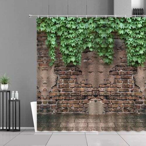 Brick Wall Design Shower Curtains Green Plants Leaves Vine Rock Stone Walls Bath Curtain Home Bathroom Decor Waterproof Screen