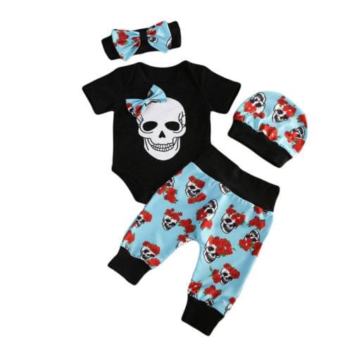 Newborn Infant Baby Boy Short Sleeve Skull Jumpsuit Romper +Floral Long Pants+Hat+Headband Outfit Set