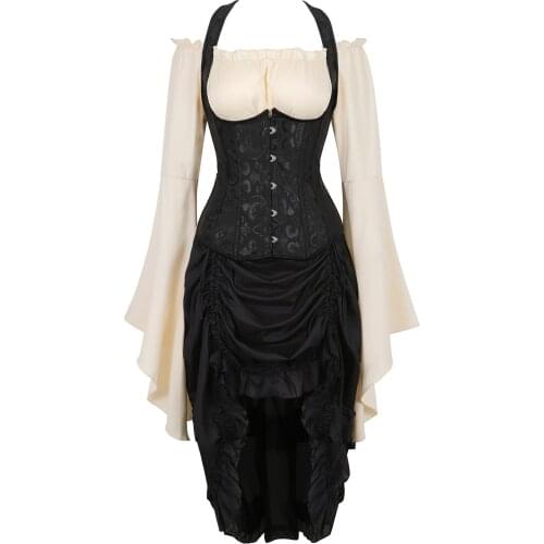 Corset Bustier with Pirate Skirt and Blouse Embroidered Straps Boned Underbust 3 Piece Carnival Party Cowgirl Costume Steampunk