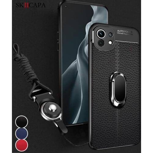 Crossbody Necklace Lanyard Leather Silicone Case For Mi 11 Ultra Note 10 10T Lite POCO M3 F3 C3 X3 Pro Magnetic Ring Stand Cover