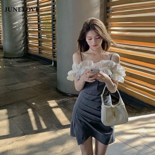 JuneLove Lace Mini Shirt Dress Vintage Women One Shoulder Elegant Strap Dress Office Lady Party Street Ruffles Club Dress 2021
