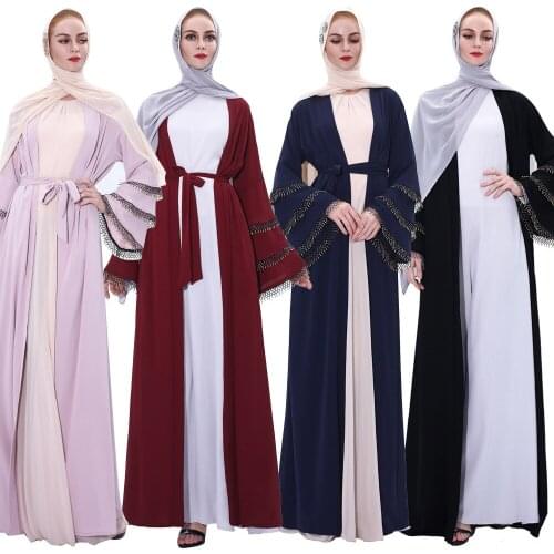 Muslim Dress Cardigan New Handmade Colorful Tube Beaded Muslim Fashion Women Dress Kimono Horn Sleeves Abaua Dubai Turkey Belt