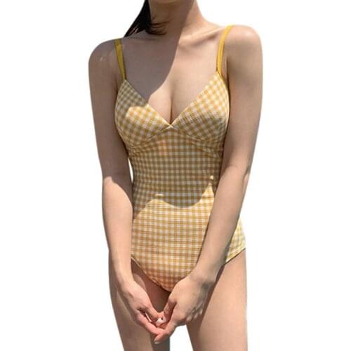 2021 New Summer Female V-neck Sexy One-piece Swimsuit Simple Plaid Backless Cute Sweet Style Ladies Bikini