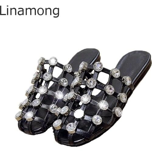 New Girls Glitter Crystal Button Rivets Slipper Sandals Summer Cross Grid Closed toe Rhinestone Flat Leisure Slide Shoes