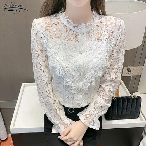 Autumn All-match Fashion Lace Puff Sleeve Tops Elegant Stitch Pleated Button White Shirt Solid Slim Stand-up Collar Blouse 17246