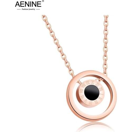 AENINE Classic Titanium Steel Roman Numerals Double Sided Black & White Shells Circle Rose Gold Color Pendants Necklaces AN17072
