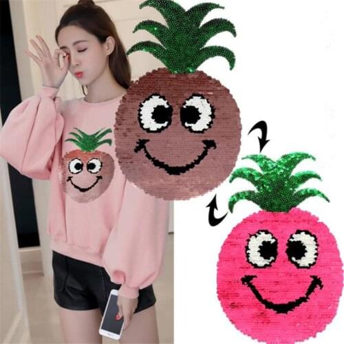 Reversible change color sequins patch deal with it clothes 245mm pineapple fruit patches for clothing t shirt women stickers