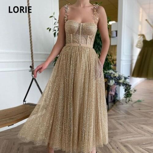 LORIE Gold Prom Dresses 2021 Sweetheart Shiny Gliiter Arabic Evening Gown Tea Length Belt Wedding Party Dress for Graudation
