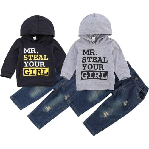 Casual Baby Boys Suit Hooded Black Sweatshirt with Letter Patterns Long Blue Jeans for Autumn and Spring Kids Boy Clothing Set