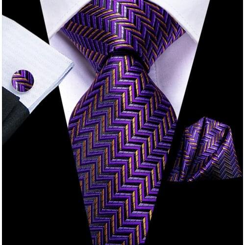 Hi-Tie Purple Gold Striped Silk Wedding Tie For Men Handky Cufflink Set Fashion Designer Gift Tie For Men Necktie Business Party