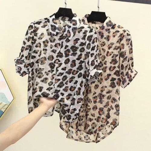 Europe Station Leopard Short Sleeve Shirts Summer Polo-Neck Korean Style Loose Blouses Micro-Penetration Blusas Tops MM0790