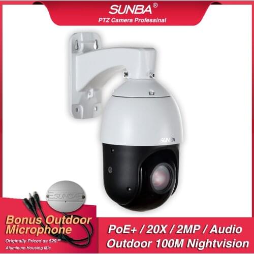 SUNBA Mini IP Camera Outdoor PTZ, 3MP PoE+Security Dome, 20X Optical Zoom, ONVIF Compliant, Auto-Focus, Night Vision (405-ECO)