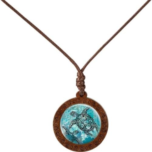 Vintage Turtle Dolphin Shark Wood Necklace Marine Life Pattern Handmade Necklace Nautical Jewelry Marine Life Ocean Lovers Gift